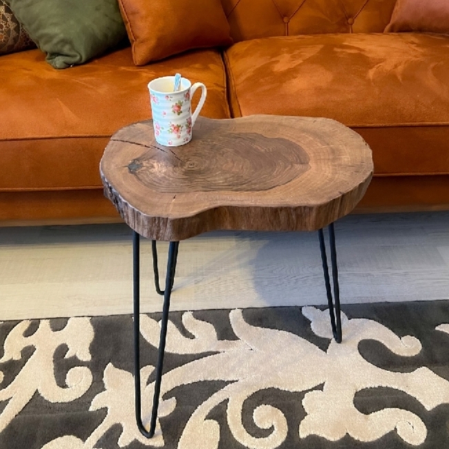 Live edge Coffee Table - Rustic Nesting Coffee Table - Mid Century Wood Slab Coffee Table with Hairpin legs - Retro Accent Center Table for living Room - Old Elm End Wooden Coffee/Side Table for Sofa -  Handmade Round Coffee Table