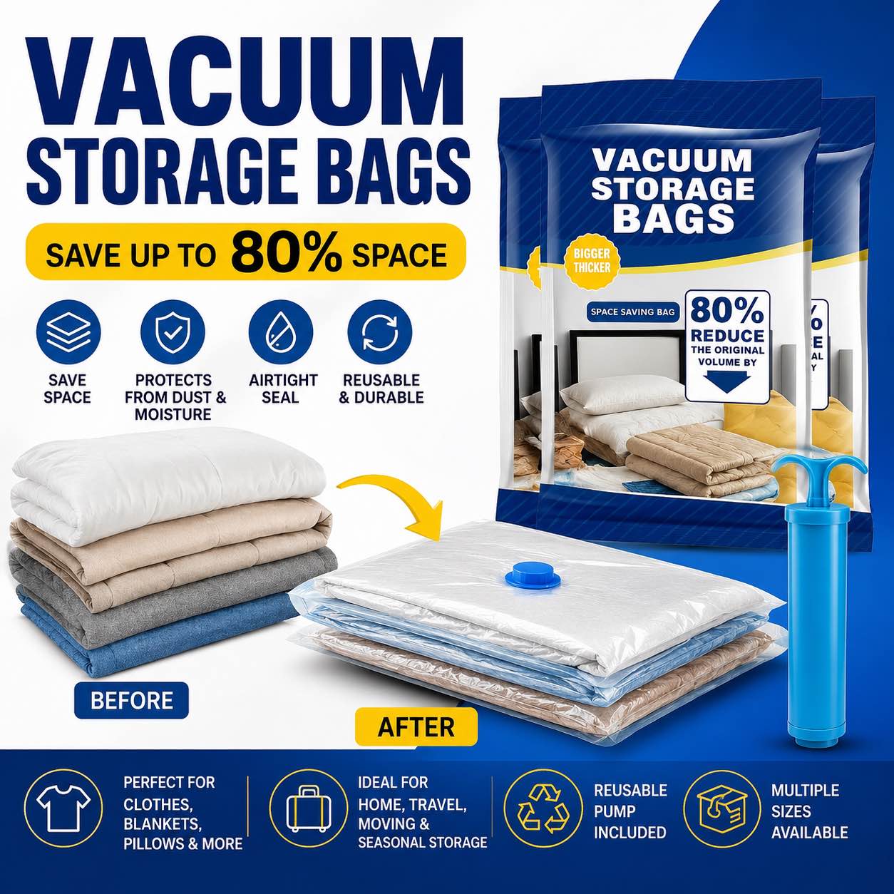 Vacuum Storage Bags with Hand Pump  Space Saver Compression Bags for Clothes, Blankets, Quilts & Comforters  Reusable Airtight Vacuum Seal Bags  Save Up to 80% Storage Space