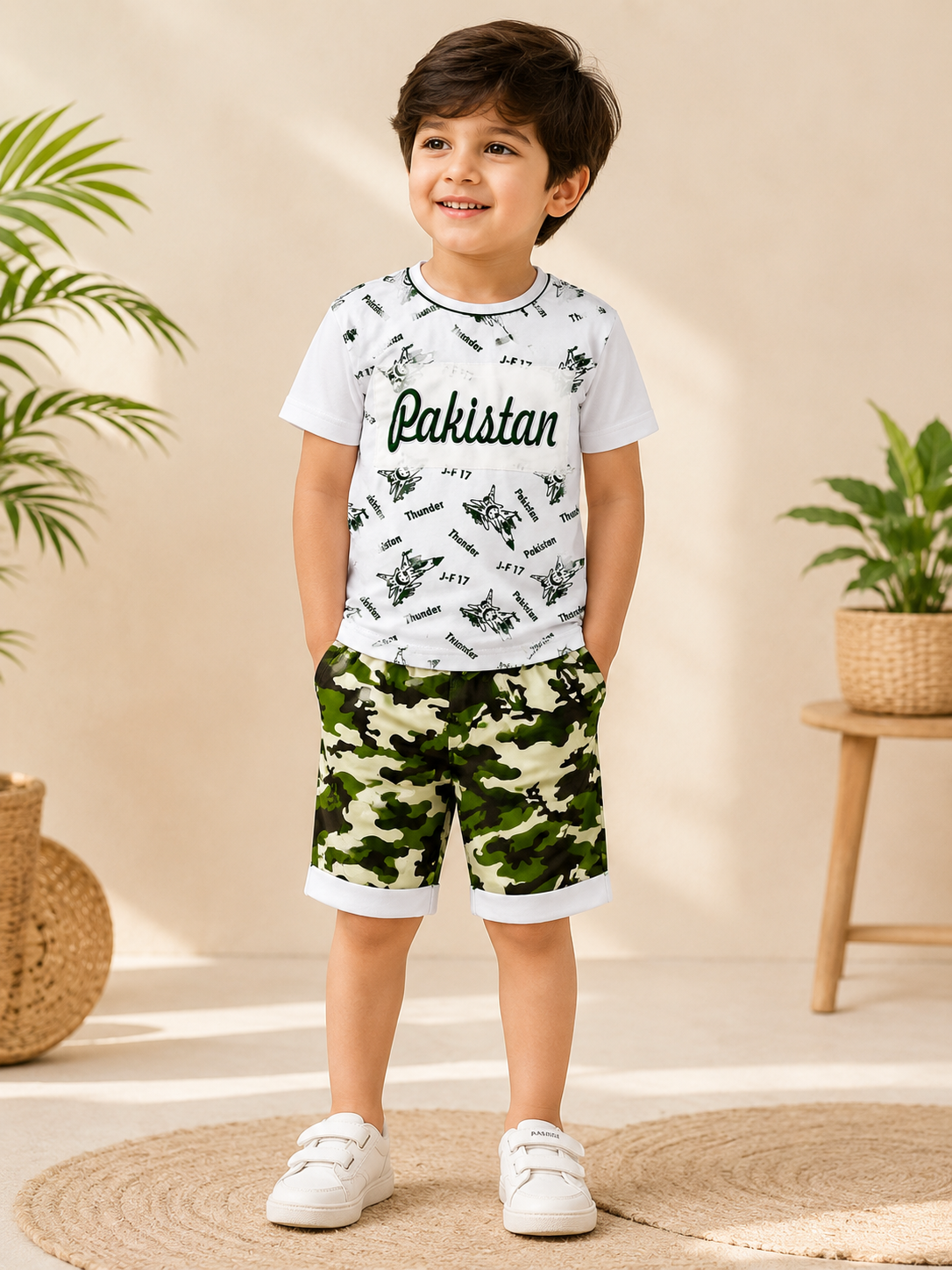 14 August Independence Day Kids Boys & Girl Pakistan JF-17 Thunder Printed T-Shirt & Camouflage Shorts 2 Piece Suit