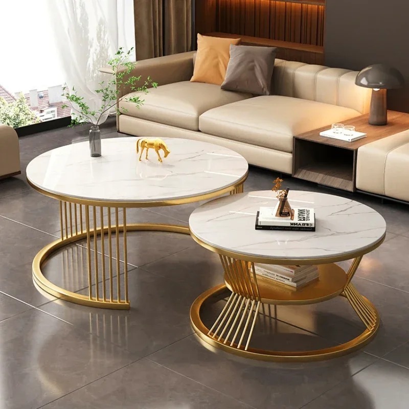 Luxe Living Co - Customized Modern Round MDF Top, Coffee Table ,with Black Glass Center, Gold Metal Frame, and Iron Base -Nesting Table, Tea Table, Side Table, Dining Table , and Decorative Table for Living Room, Office, or Drawing Room with Wooden Top