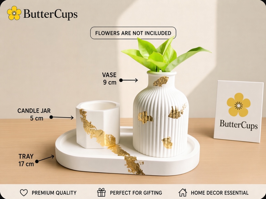 Buttercups Beautiful Pack of 3 set  | Vase, Tray, Small candle Jar| Vase 10cm Tray, 18cm, Candle jar 5cm