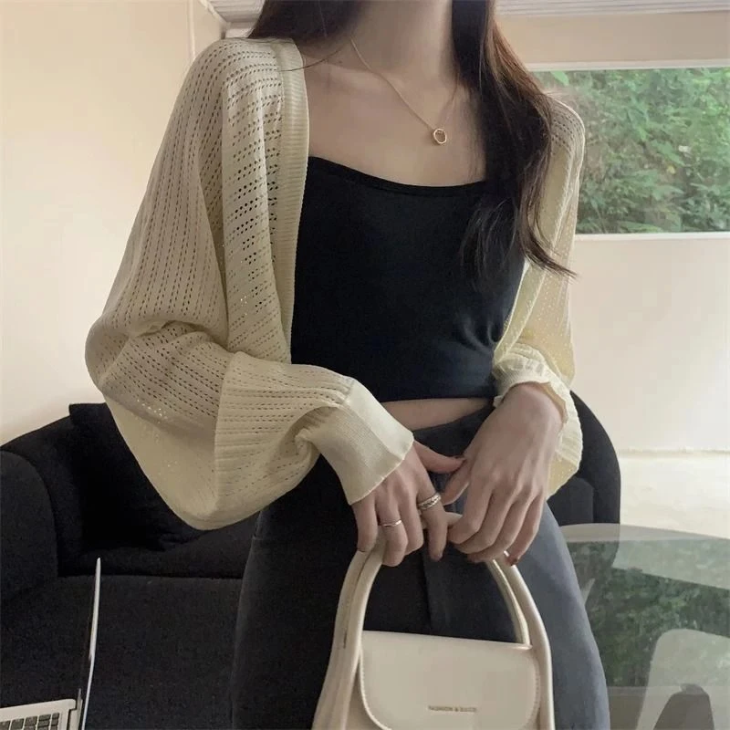 Fashion Hollow Out Sunscreen Cardigan Women Lantern Sleeve Thin Short Knitted Cardigans Woman Elegant Simple Crop Smock Top