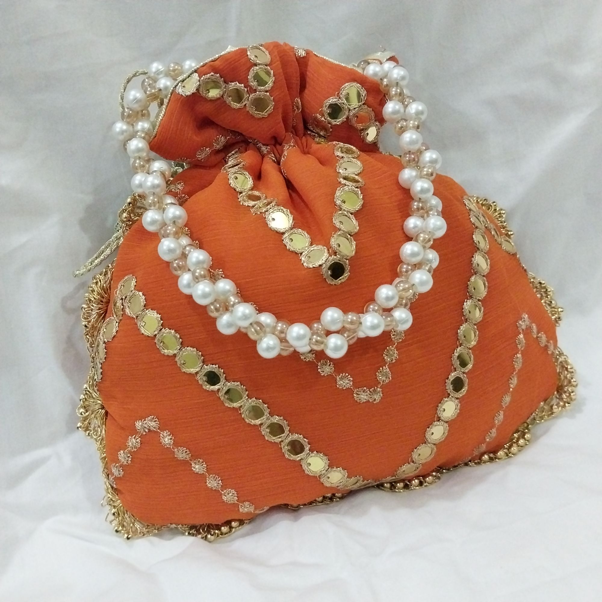Embroidered Potli Clutch Bag with Pearl Handle for Party Wear