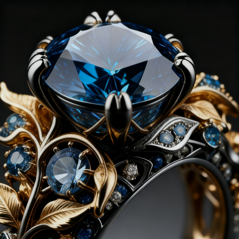 Gold Color Leaf Shaped Inlaid Blue Synthetic Zirconia Ring Suitable for Women's Banquets Engagements Jewelry Accessories 