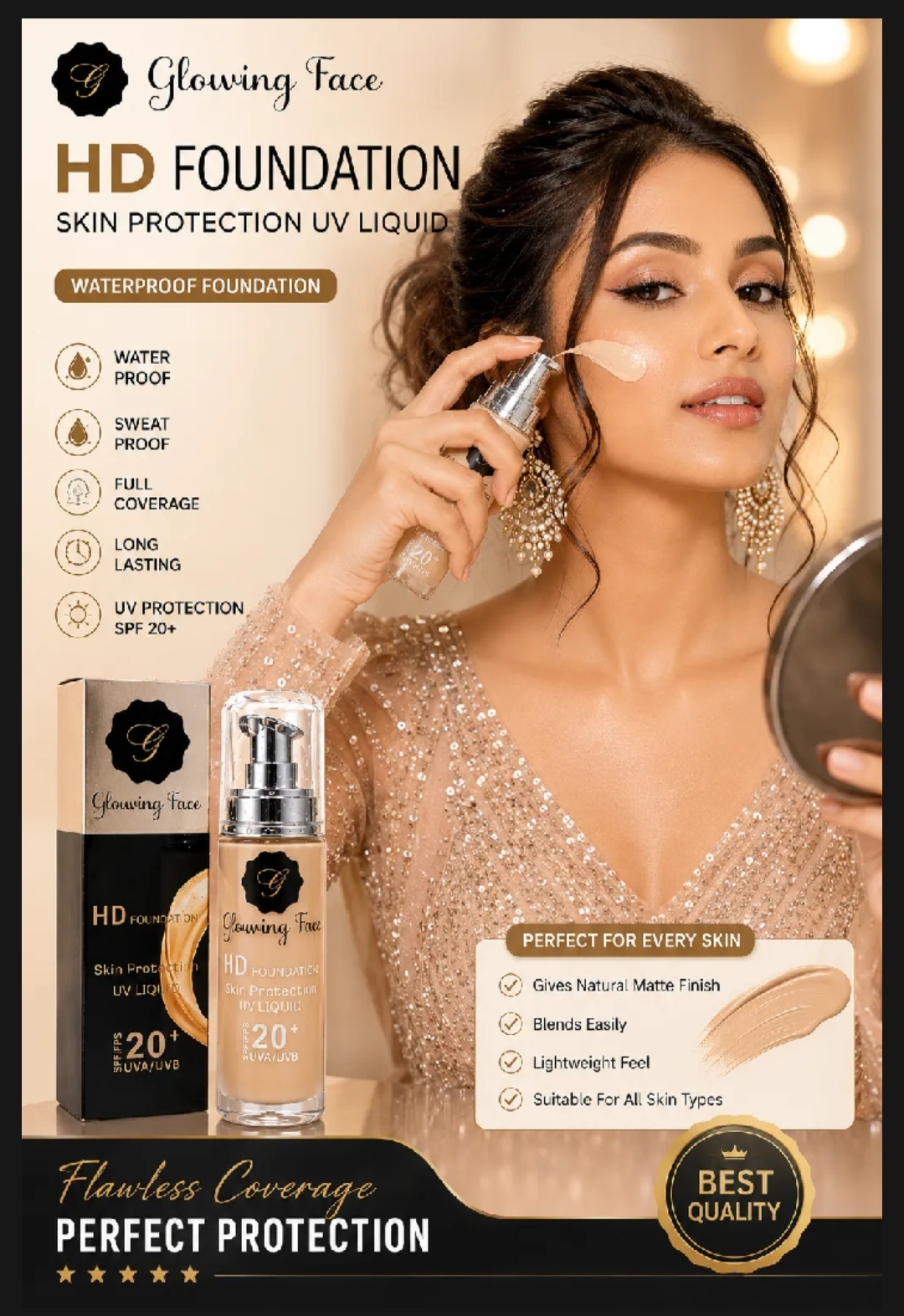 Glowing Face 24 Hours Full Coverage Waterproof Foundation | Long Lasting Matte Liquid Foundation | Smooth HD Makeup Base