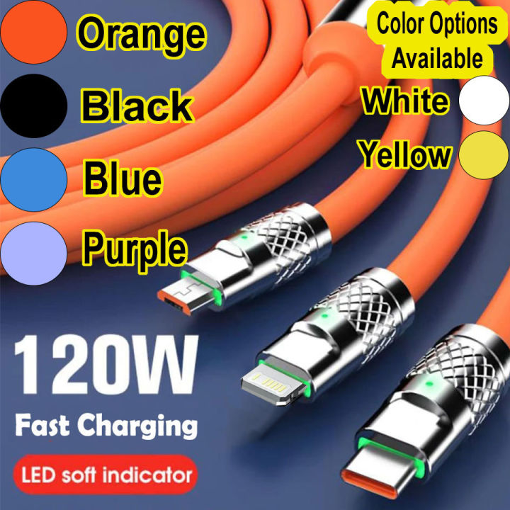 3 In 1 120W Fast Charging Cable – 6A Multi Connector USB Data Cable with LED Night Light