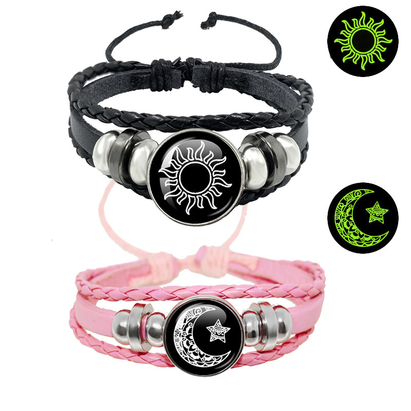 Luminous Sun and Moon Lovers Time Jewel Bracelet Unisex Vintage Handmade Multi-beaded leather Bracelet