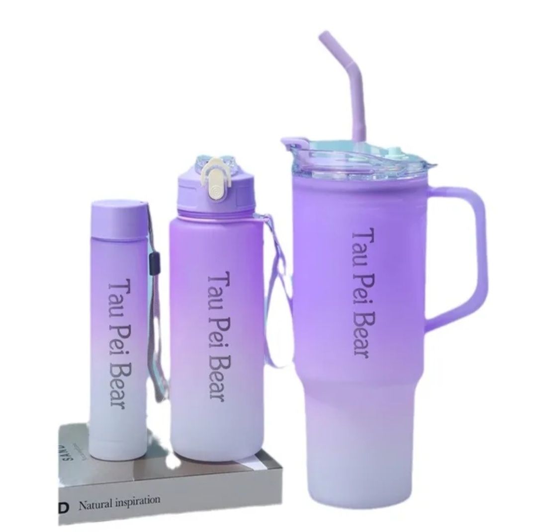3 in 1(3pcs set) Tumbler , Gradient colour drinking water bottles , Sports freak , school kids/toddler , office going , Gym freaks , iced coffee mug , BPA free grade plastic for girls , women , boys , cold water , with straws 1500ml , 900 ml and 300ml