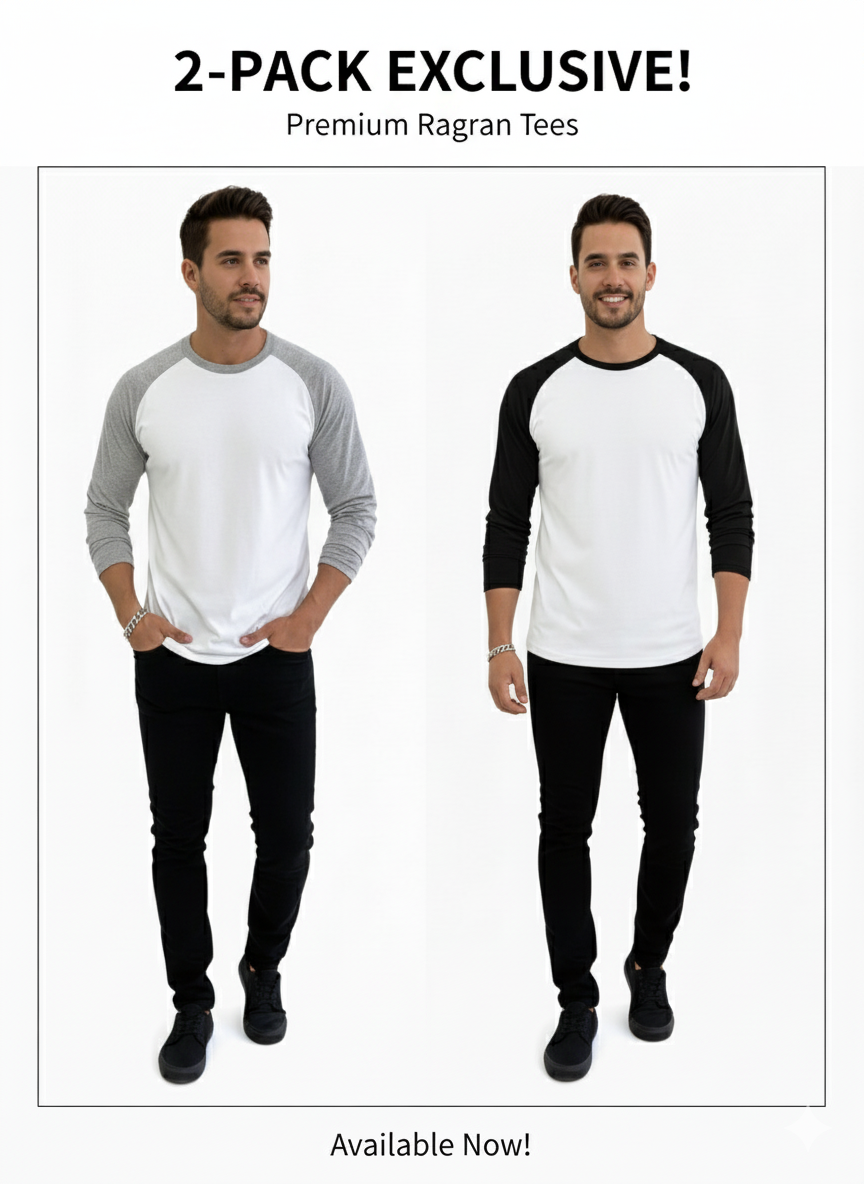Men's  Basic Raglan Long-Sleeve T.shirt 2-Pack (Gray/Black)