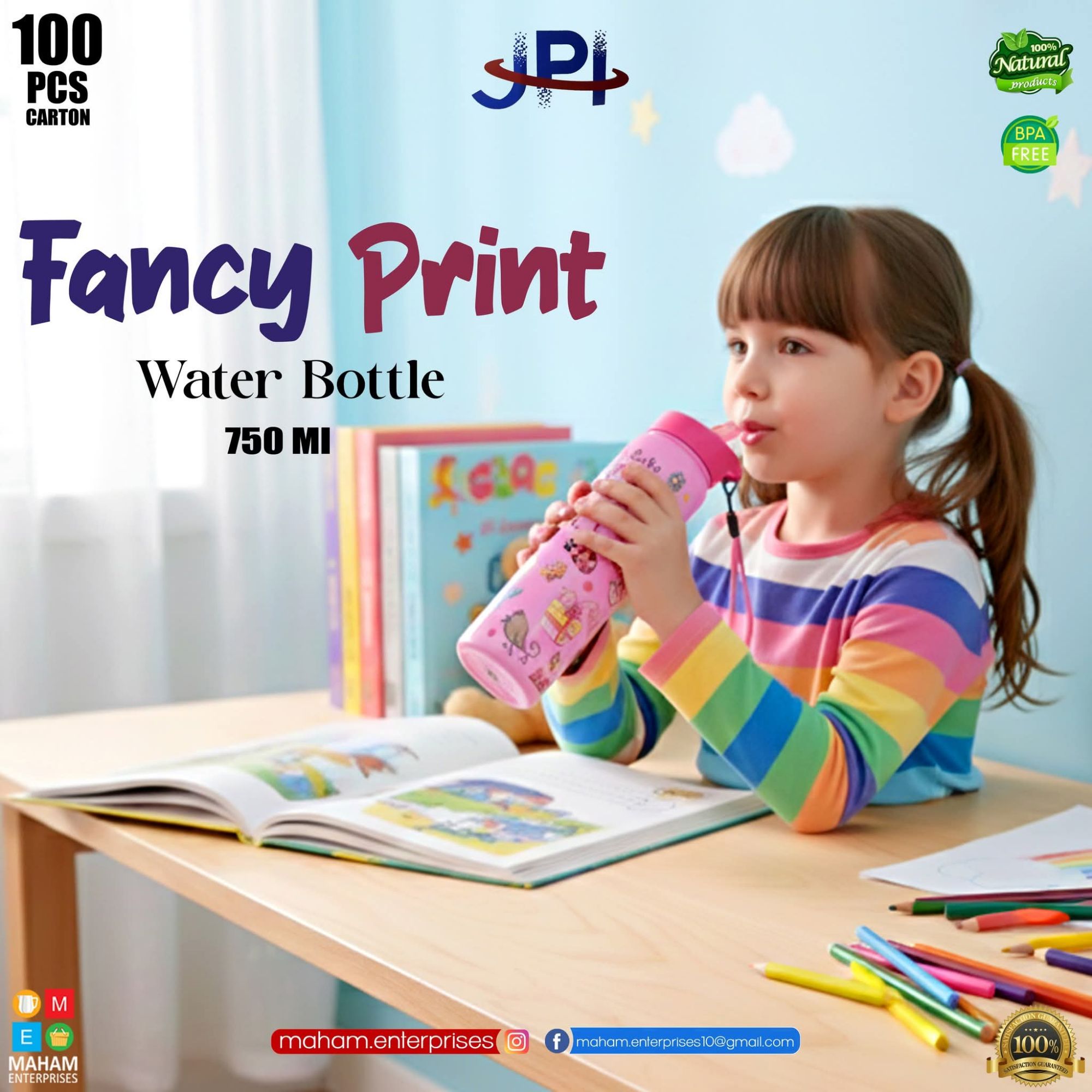 Fancy Print Kids Water Bottle 750 ML | BPA Free Plastic Cartoon Water Bottle | Leak Proof School Bottle for Boys & Girls