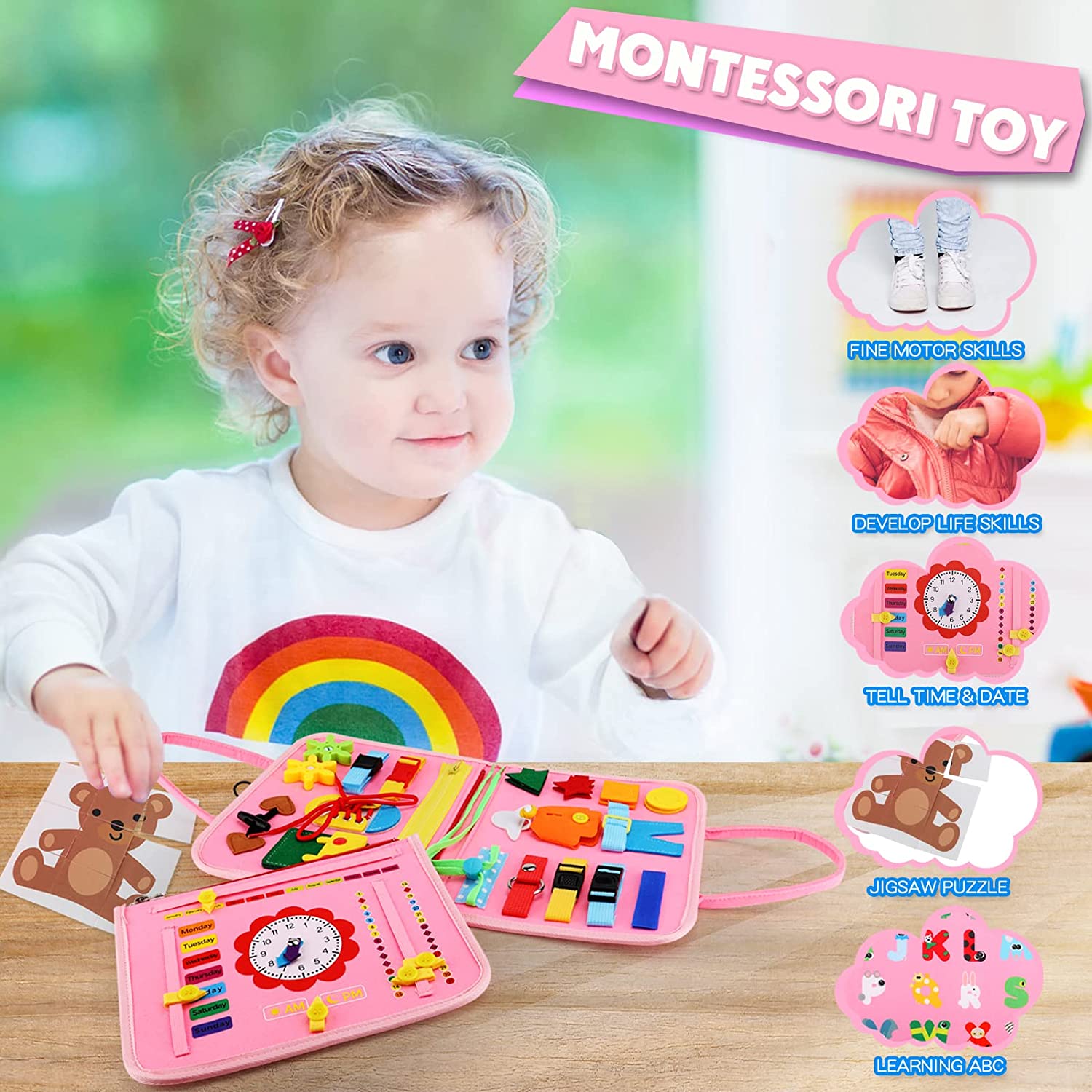 Travel Toys For Airplane Car Quiet Time Toddler Busy Board - 7 In 1 Montessori Sensory Toys For 1 2 3 4 Year Old Kids Travel Busy Board For Airplane