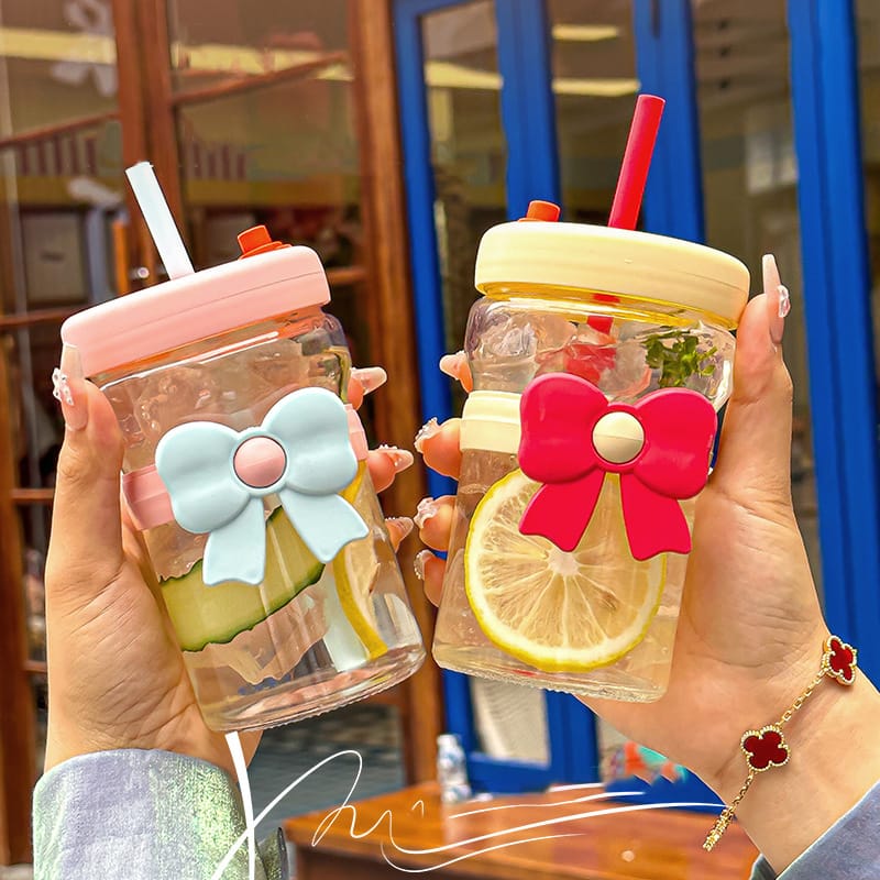 Flower Tea Glass Cup with Straw