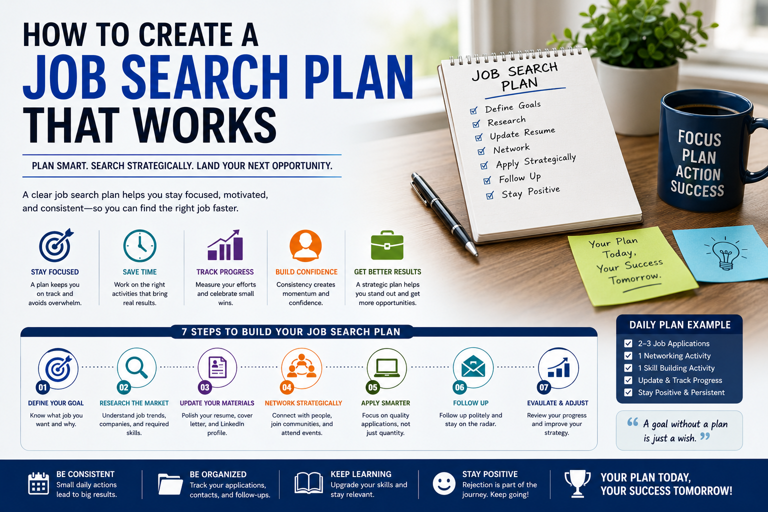 Job search plan infographic highlighting 5 benefits: stay focused, save time, track progress, build confidence, get better results. Includes 7 steps and daily plan example.