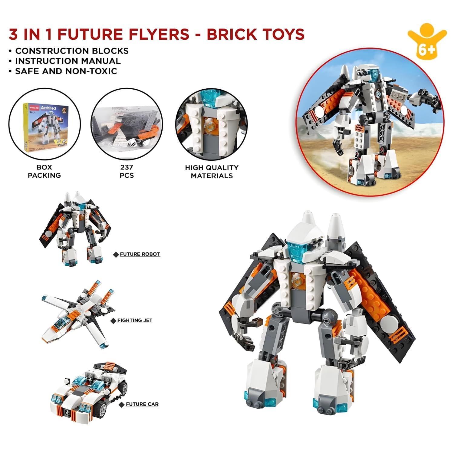 Architect 3 in 1 Building Blocks Set 237 Pcs Robot Car and Plane Educational Construction Learning Brick Toy for Kids