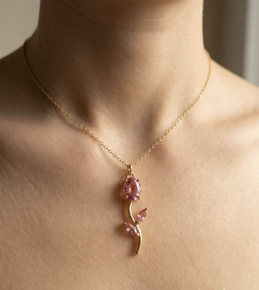 Beautiful Stainless Steel Tulip Pendant Necklace with Golden chain and Pink zarcon Stones for girls and women