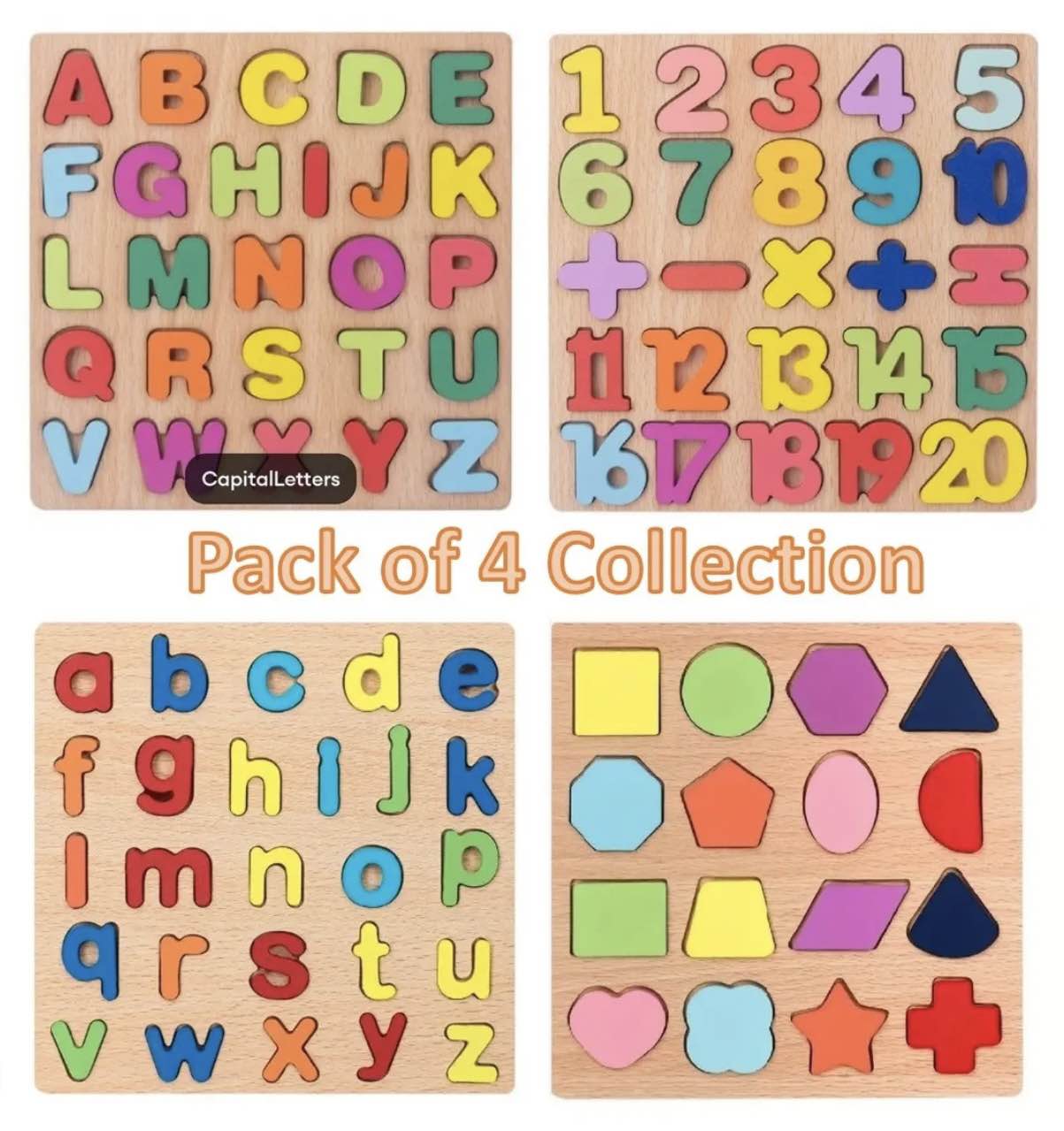 Wooden Slates Alphabets Letters Numbers and Shapes, Small and Capital ABC, 123 Numbers and Geometric Shapes Pack of 4 , 3 , 2 Wooden Educational Learning  Puzzle wooden matching game kids puzzle wooden board