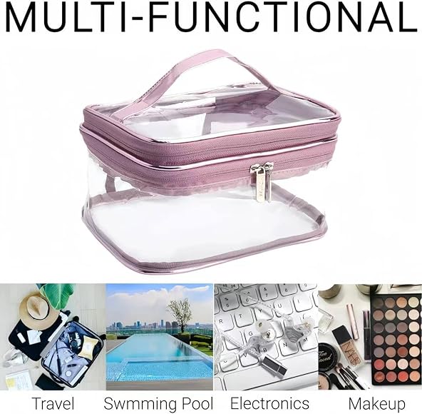 Clear Makeup Bags, Travel Cosmetic Zipper Pouch for Women, Transparent Makeup Organizer Storage Case for MakeUp Brushes, Travel Toiletry Bags for Girls with Portable Handle (Pink (Double Layer))