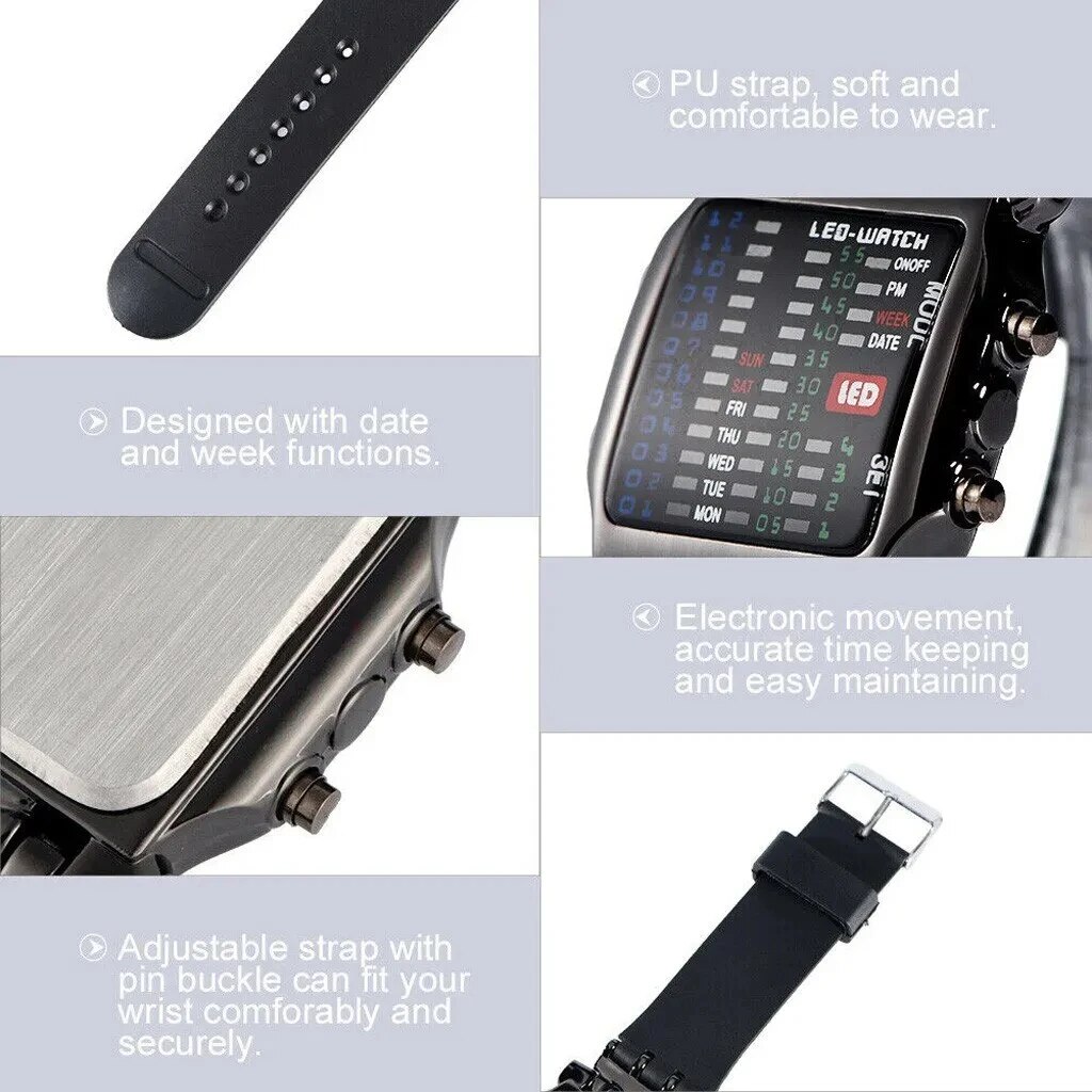 Binary Led Watch Creative Waterproof Business Electronic Watch Mens Trend Luminous  Sports Couple Date Time Display Watch