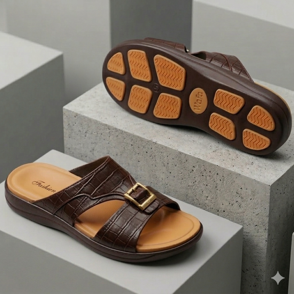 Premium Men’s Croc-Embossed Slide Sandals with Gold Buckle Detail Men’s Casual Outdoor Sandals – Lightweight, Non-Slip, and Stylish Design