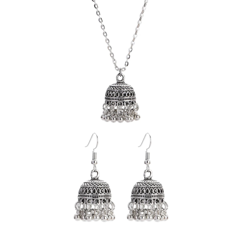 New Horizons Oxidized Jewelry Silver Jhumka Earrings Necklace Set Baho Style Earrings Women Jewelry Girls Jewelry Antique Oxidized Pendant Set Traditional Jewelry Party Jewelry Bridal Jewelry Ethnic Earrings Necklace Wedding Jewelry Gift