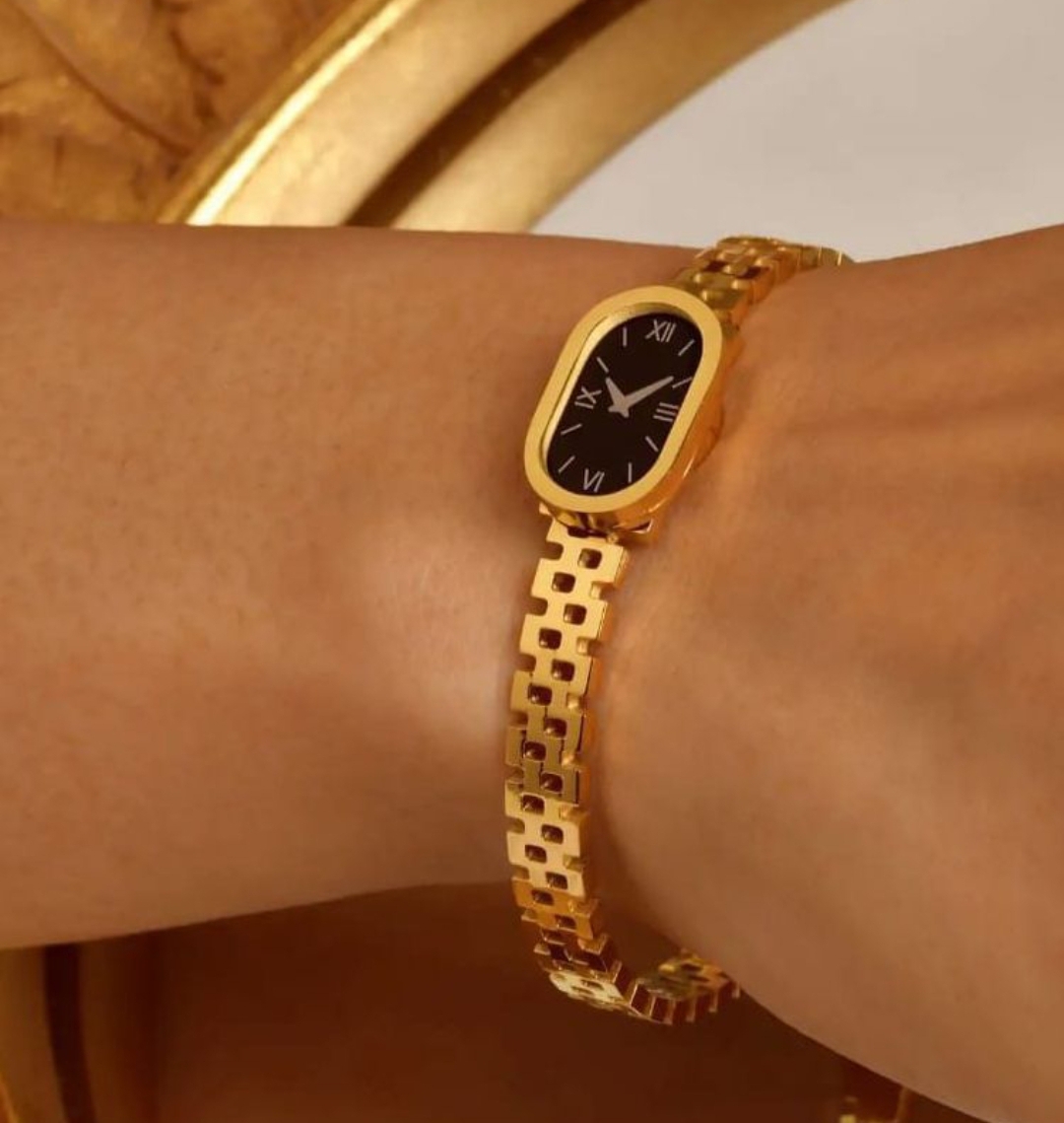 Trendy Elegant Golden Fake Watch Style Bracelet for Women – Luxury Minimal Oval Dial Wristwatch | Adjustable Chain Strap | Waterproof Quartz Movement | Stylish Ladies Dress Watch for Casual & Formal Wear | Perfect Gift for Girls & Women