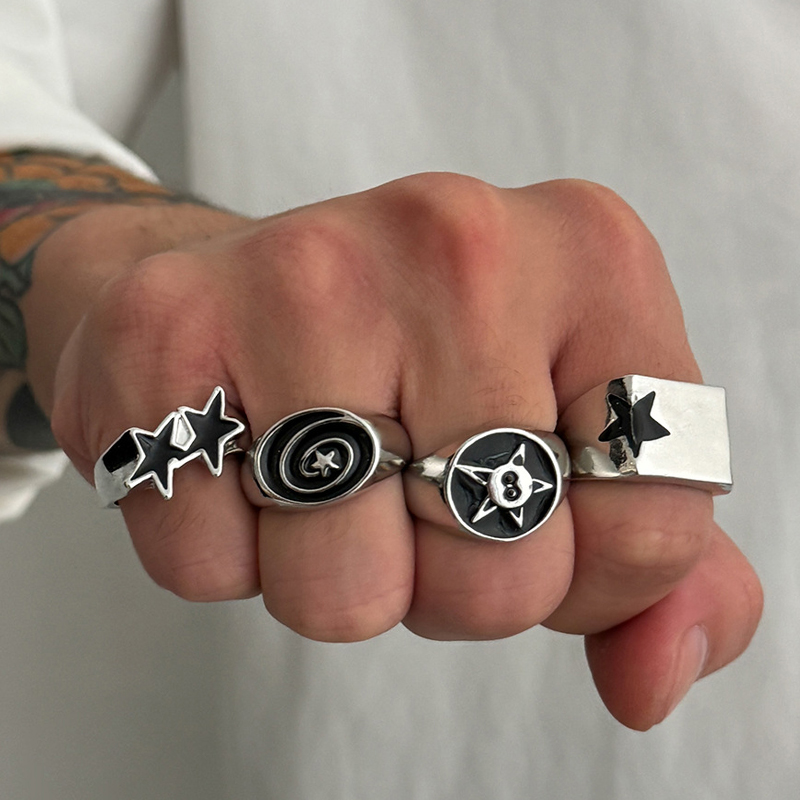 4 Pcs Punk Black Star Rings Set for Women Men Fashion HipHop Silver Color Geometric Thick Finger Ring Y2K Unisex Jewelry 