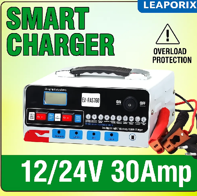 30A Smart Digital Battery Charger 12V/24V Auto Battery Charger Fast Charging for Car, Bike, UPS