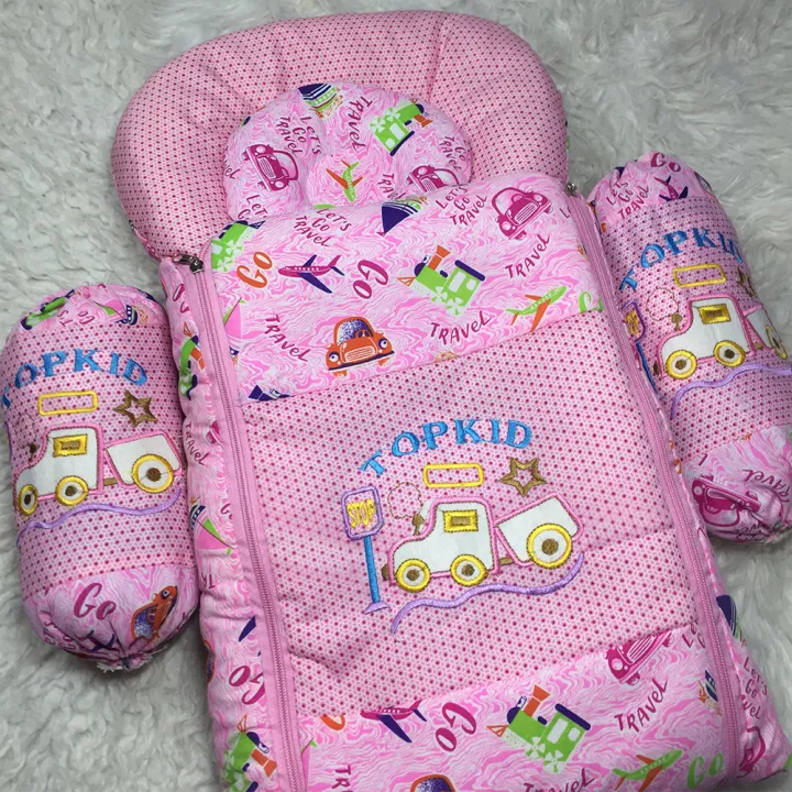 High Quality New Baby Sleeping Bag with 1 Pillow 2 Cushions Embroidered Print Zipper Multicolored Safety Baby Crib 0-1 Year Infant Portable Baby Cots Crib Infant Baby Sleeping Bag - baby bistar gaddi - baby bed accessories newborn multicolored