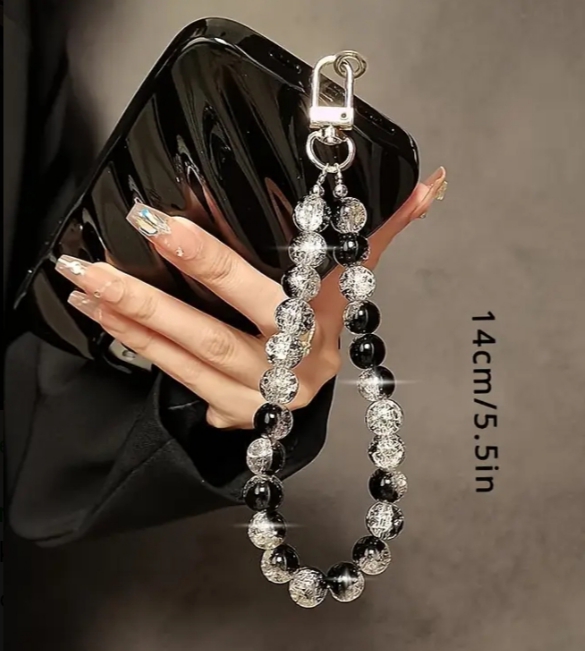 Black cracked beads phone strap with lanyard and clip for phone cases also , Key chains for ladies handbags