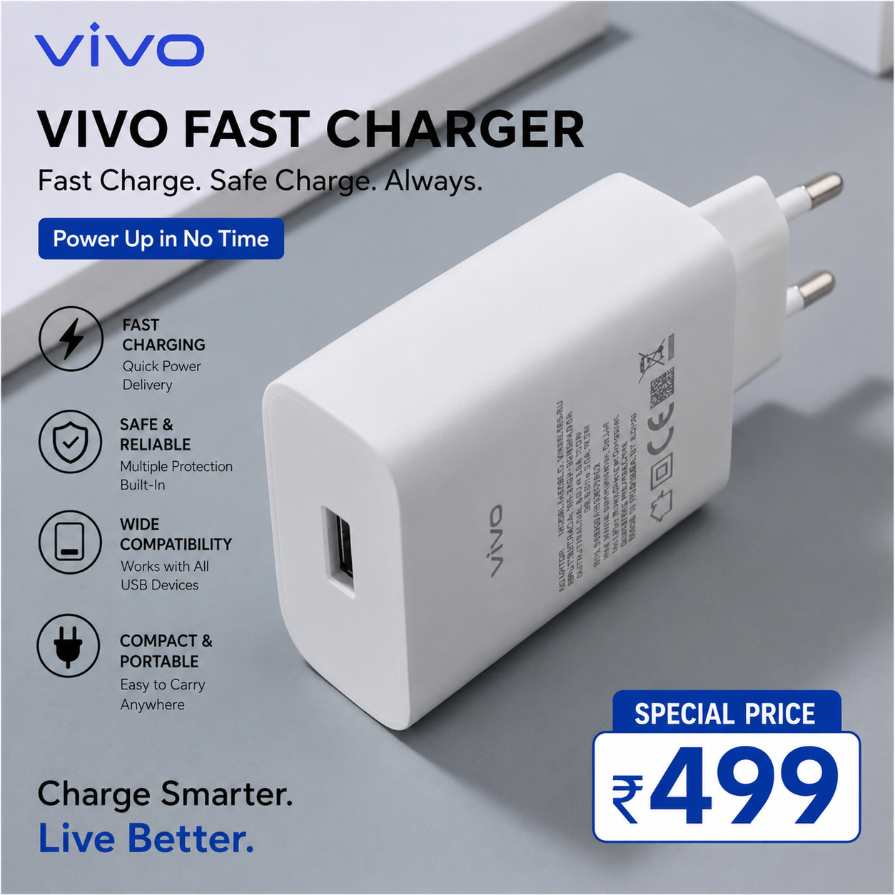 Vivo Original 18W/44W Fast Flash Charger | Micro USB + Type-C Cable | For Vivo V20, V21e, V23e, V23 5G, V25e, V27, V27e, V29, V29e, V29 5G | Safe & High Speed Charging | COD price in Pakistan
