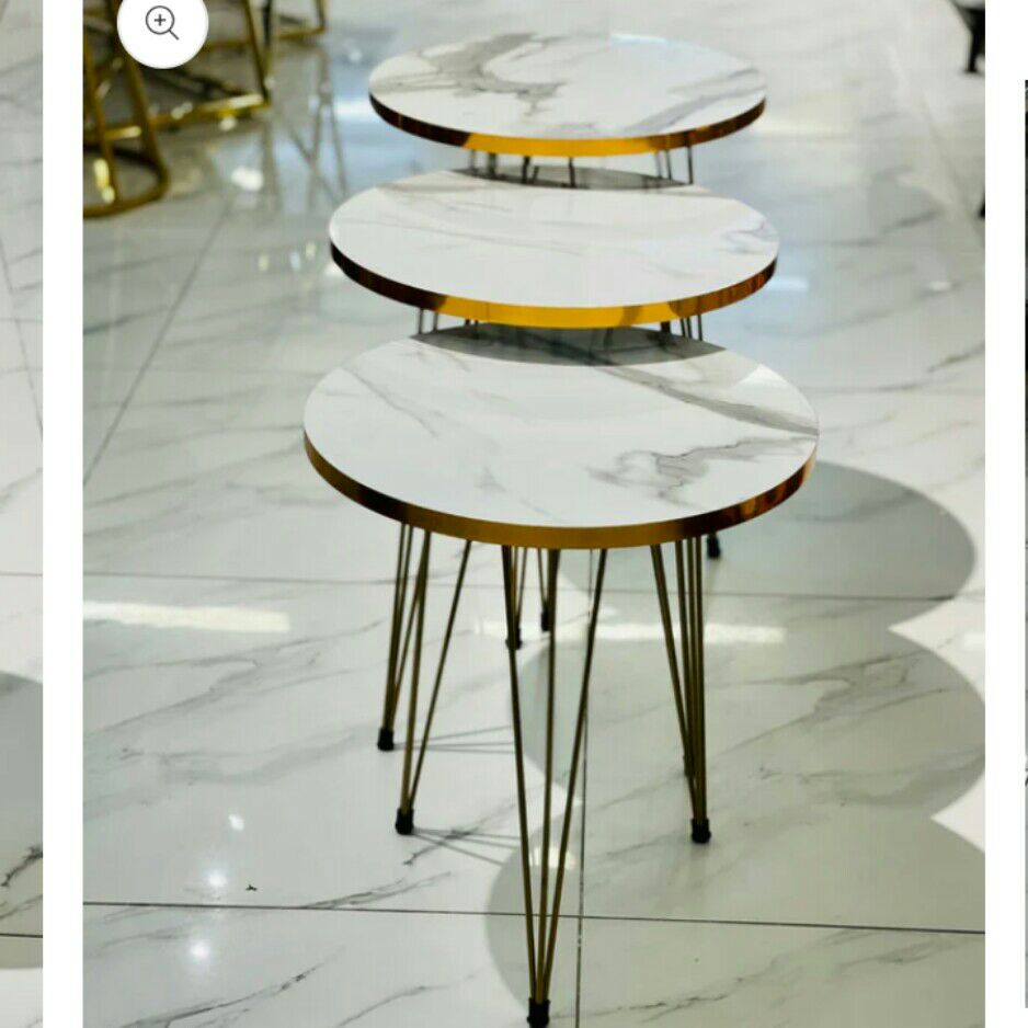 1 PCS - SET OF THREE PCS ROUND MARBLE COFFEE TABLE HIGH GLOSS NESTING- ROUND STACKING COFFEE SIDE TABLES WITH THREE STYLISH METAL LEGS FOR HOME & OFFICE.