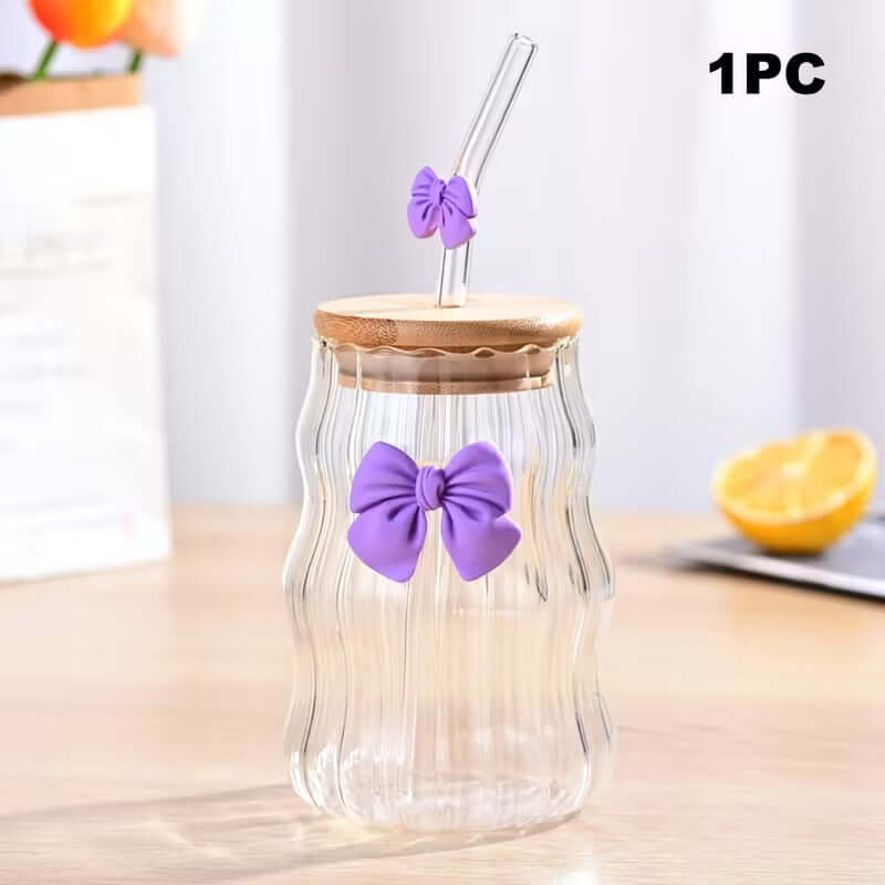 Wavy Bow Glass Tumbler with Bamboo Lid