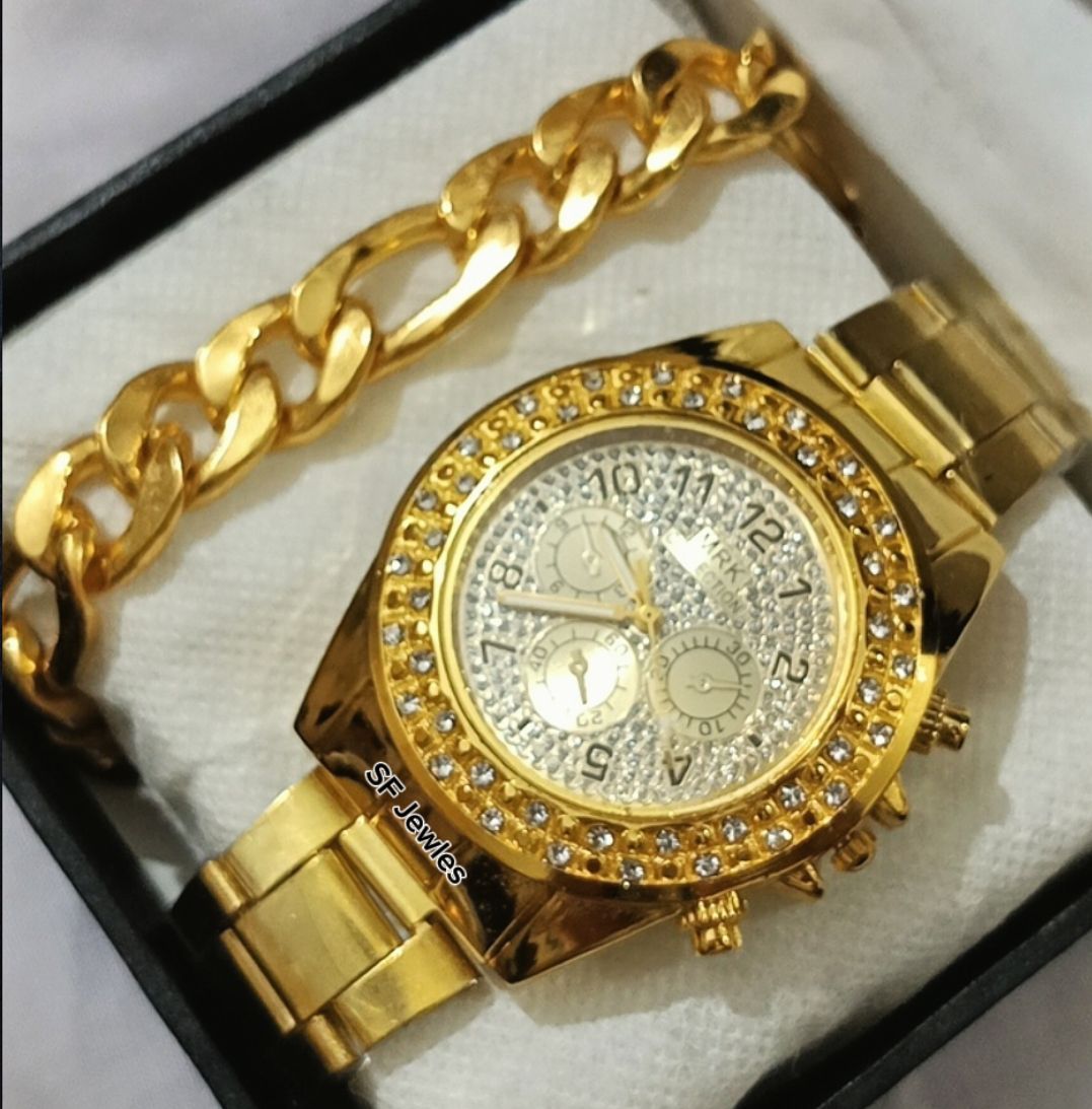 2PCS/MENS FASHION LUXURY WATCH DEAL -TOP FASHION ROUND DOUBLE LAYERS PEARL STONE WATCH+HAND MADE ITALIAN THIN BRACLET FOR BOYS AND MEN