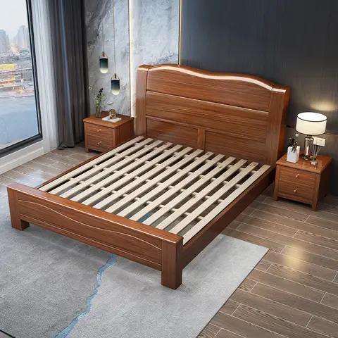 Elegant Chinese Solid Wood king Size Bed with 2 Side Tables & One Sided Under storage