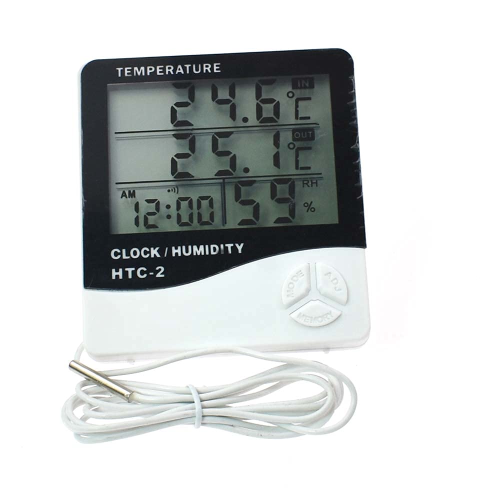 HTC-2 Digital LCD Temperature Humidity Meter Indoor / Outdoor Room Thermometer Clock Hygrometer with sensor Greenhouse Room Indoor Thermometer Monitor Clock Beep, Egg Incubator, Fish Tank Temperature Controlling.