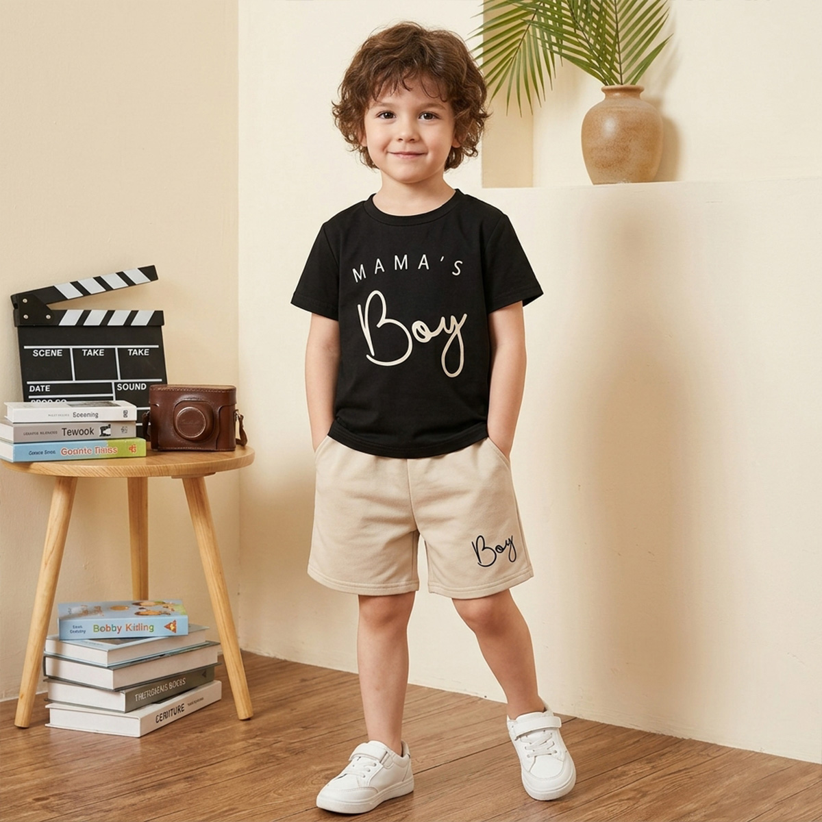 T-Shirt Boys and Shorts Set Summer Cotton Fabric Casual Printed Style Black