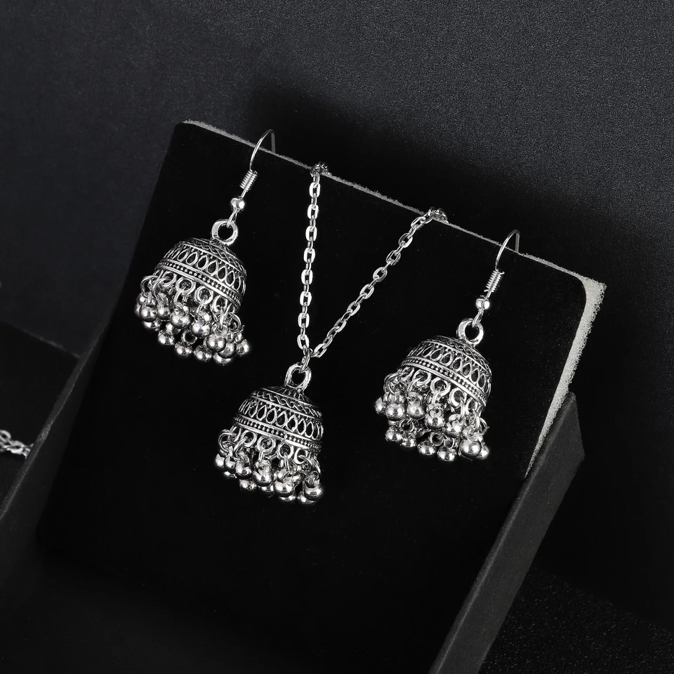 New Horizons Oxidized Jewelry Silver Jhumka Earrings Necklace Set Baho Style Earrings Women Jewelry Girls Jewelry Antique Oxidized Pendant Set Traditional Jewelry Party Jewelry Bridal Jewelry Ethnic Earrings Necklace Wedding Jewelry Gift