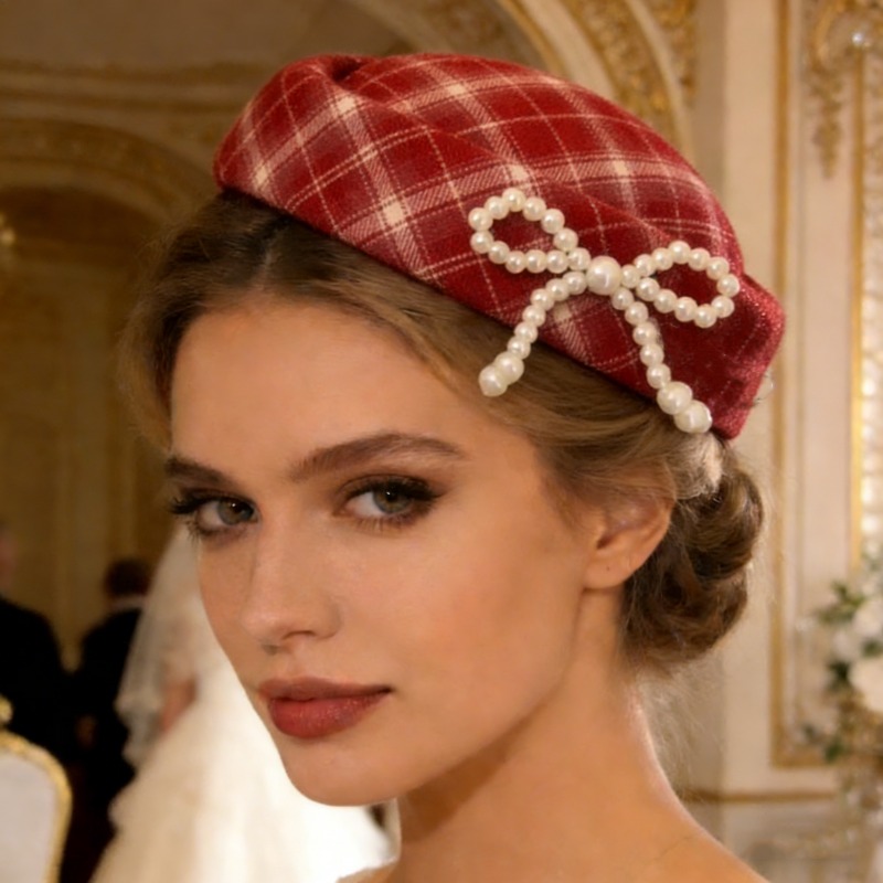 Plush Snowflake Beret Red Plaid Hat Hearwear French Imitation Pearl Bowknot Hair Clips Lady's Accessories for Party Wedding B