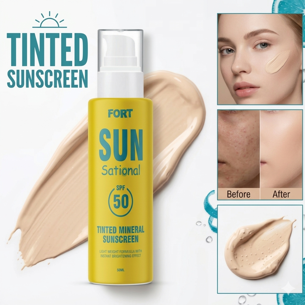 FORT Tinted Sunscreen SPF 50 | Hydrating & Protective Formula with Instant Brightening Effect | UVA UVB Protection | Lightweight Finish | 50ml