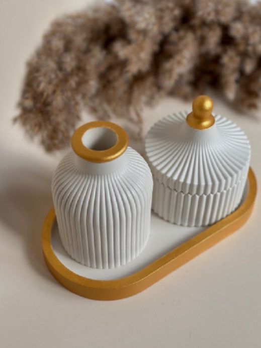 3 Pcs Set of Home Decor  1x Ribbed Concrete Mini Flower Vase, 1x Ribbed Concrete Trinket Jewellery Storage Box & 1x Oval Shaped Concrete Trinket Tray  Storage & Organisation  Decorative Accents  Jewellery Armoires & Boxes  Gift Sets