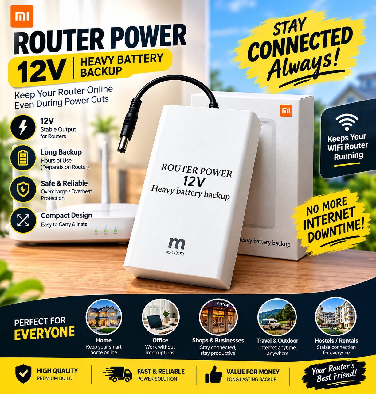 12V High-Power Router Power Bank 20000mAh | Heavy Battery Backup | Compatible with Wi-Fi Routers & ONTs - High Capacity Backup - 20,000 AMH | WiFi Router UPS Power Bank 12Volts 8 to 10 Hours Backup