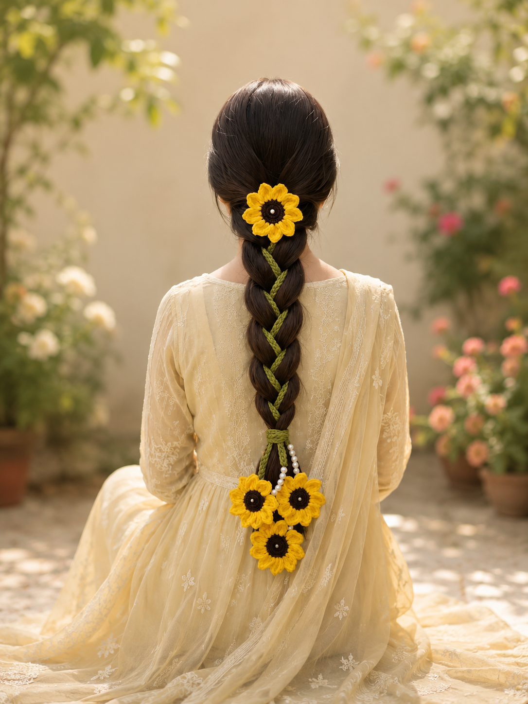 Handmade Crochet Sunflower Paranda for Girls & Women | Floral Braid Hair Accessory | Traditional Punjabi Parandi | Boho Hair Decoration
