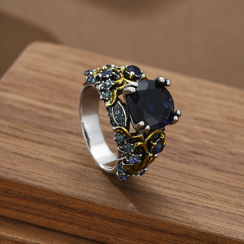 Gold Color Leaf Shaped Inlaid Blue Synthetic Zirconia Ring Suitable for Women's Banquets Engagements Jewelry Accessories 