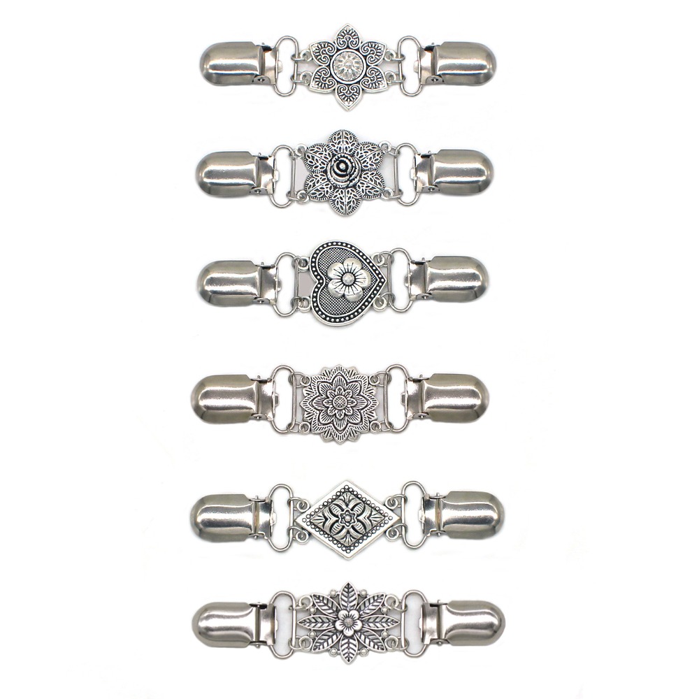 Retro Flower Sweater Shawl Clips Fasteners Back Cinch Clips Cardigan Dress Collar Brooch Clips for Women Girls Clothing Silver
