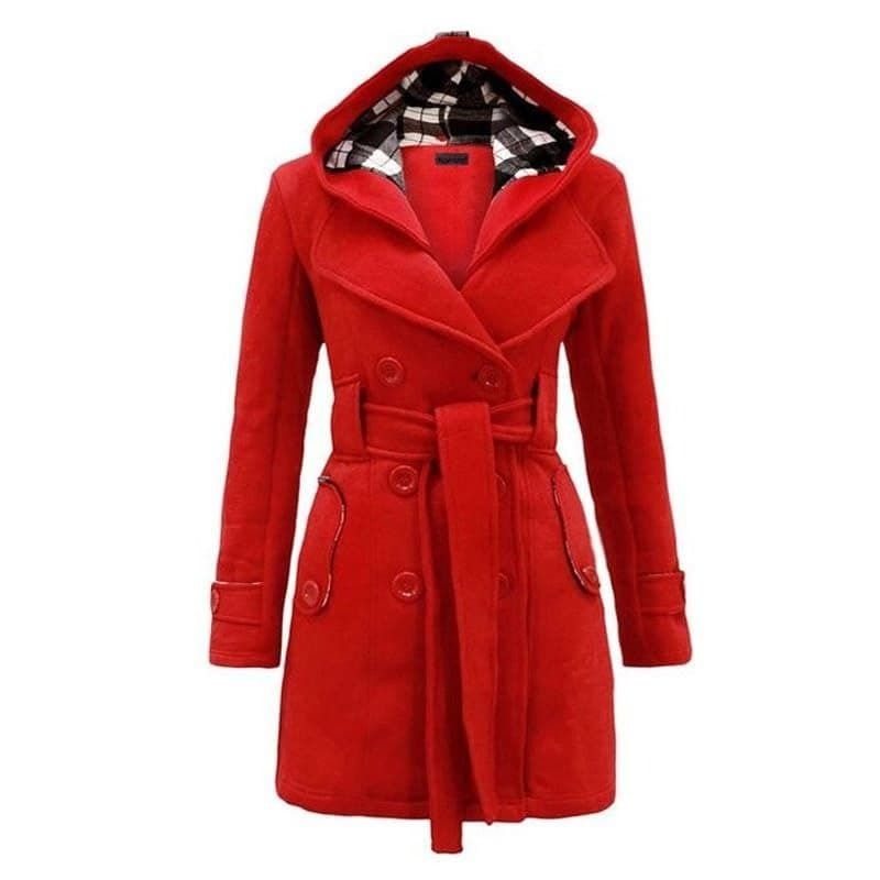 Stylish Checkered Hooded Trench Coat For Girls Stuff Double Fleece Color Red