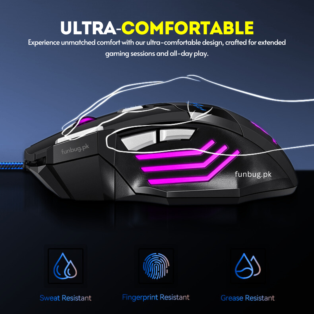 FunBug 7 Buttons Sports Mechanical Wired Gaming Mouse RGB with 4-Levels DPI Control - 7 Light Wired USB Optical Mouse with Side Buttons - Mouse with Pad for PC, Laptop, Computer, Gaming, Pubg Mobile