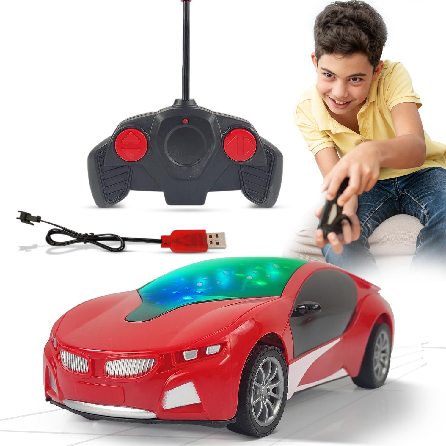 Remote Control Car Chargeable 3D Remote Control Lighting Famous Car Remote Car for Kids 4 Function Racing Car (3+ Years, White)