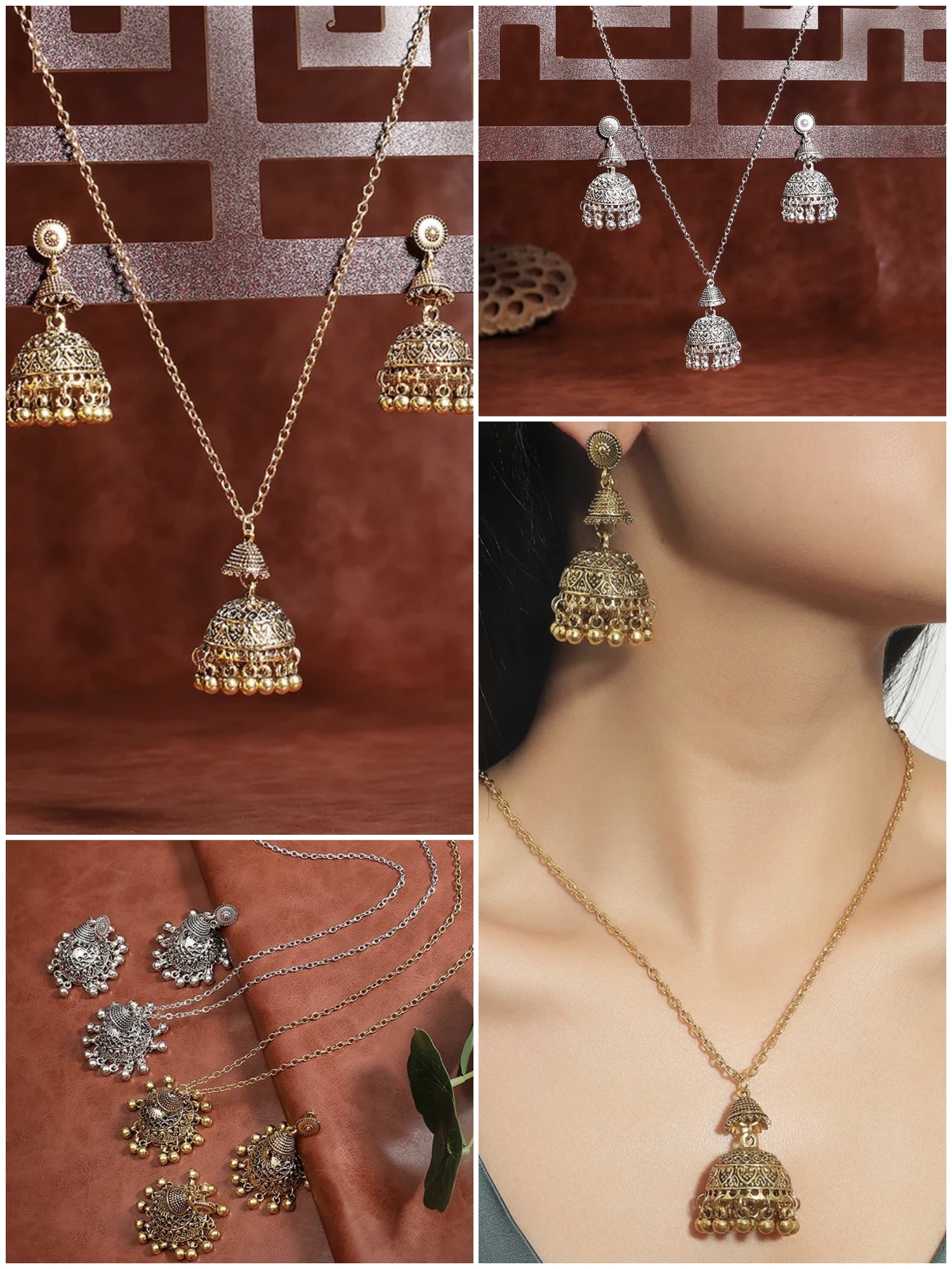 Vintage Wedding Jewelry Set For Women Gold Color Carved Bells Necklace And Jhumka Earrings Statement Dangle Bridal Jewelry Set Golden And Silver Color Traditional Ethnic Party Wear Accessories Gift For Women And Girls