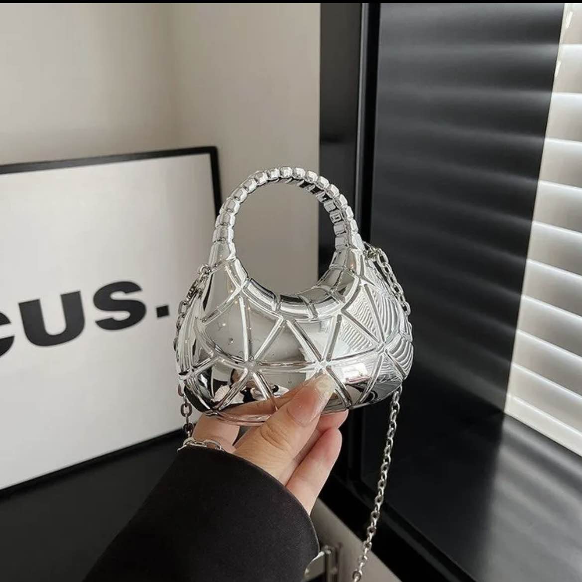 Mini Acrylic Moon Style Clutch With Long Chain for Women & Girls