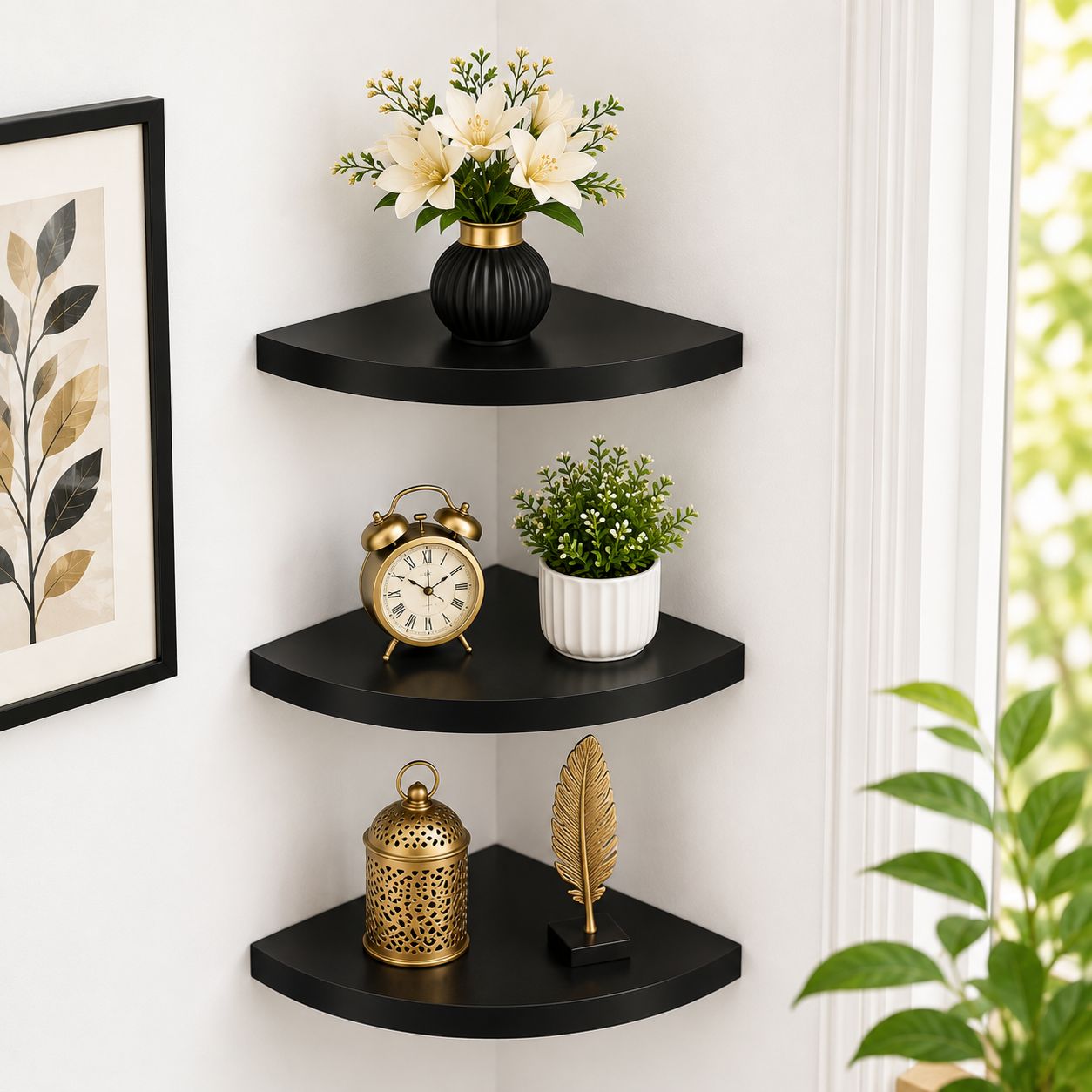 3-Tier Wooden Corner Wall Shelf | Floating Display Rack | Home & Office Decor |